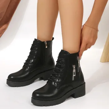 Pantofi pentru femei pe Vânzare 2023 Nou cu Fermoar pentru Femei Toamna Cizme Rotund Toe Pantofi Solide de sex Feminin Baril Scurt Indesata Toc Cizme de Moda - Imagine 1  