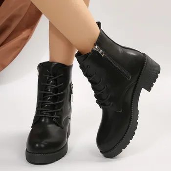 Pantofi pentru femei pe Vânzare 2023 Nou cu Fermoar pentru Femei Toamna Cizme Rotund Toe Pantofi Solide de sex Feminin Baril Scurt Indesata Toc Cizme de Moda - Imagine 2  