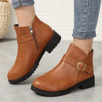 Pantofi pentru femei pe Vânzare 2023 Nouă Vest Cizme Femei Culoare Solidă Rotund Toe Glezna Cizme PU Toamna Cizme pentru Femei Cizme Glezna Plus Dimensiune - Imagine 1  