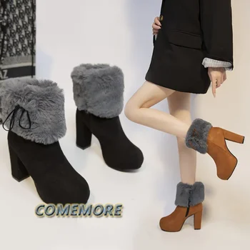 Pantofi pentru femei Toamna Iarna Noi Plus piele de Căprioară de Înaltă Tocuri Clasic Elegant și Glezna Cizme pentru Femei Pantofi de Moda Tendințele Toc Gros - Imagine 1  