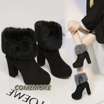Pantofi pentru femei Toamna Iarna Noi Plus piele de Căprioară de Înaltă Tocuri Clasic Elegant și Glezna Cizme pentru Femei Pantofi de Moda Tendințele Toc Gros - Imagine 2  