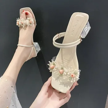Pantofi pentru femei Vara Sandale 2022 Noi Doi poarte Papuci cu toc Înalt Flori cu toc Gros și - Imagine 1  