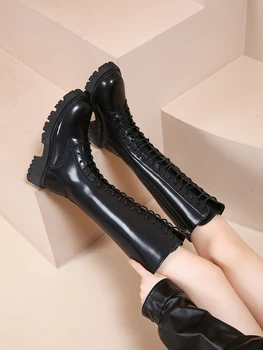 Pantofi Toc Plat Femei Cizme Peste Genunchi Rotund Toe Dantela-Up Cizme pentru Femei Încălțăminte de Iarnă Peste Genunchi Negru Lolita 2023 Doamnelor Autum - Imagine 1  