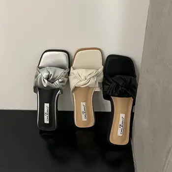 Papuci Femei Vara Pantofi de Plaja Pantofle Scăzut Square Toe Slide-uri de Lux Sabot Plat 2023 Designer de Cauciuc Roma Tesatura de Matase PU - Imagine 1  