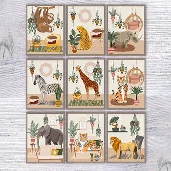 Personalizabil Wild Animal Tropical Poster Junglă Elefant, Girafa, Zebra Arta De Perete Pentru Instalații De Vopsit Imagine Copii Pepinieră - Imagine 1  