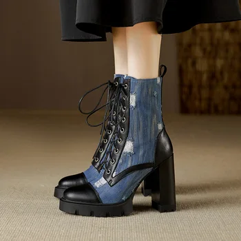Phoentin Retro din denim piele patchwork moda Glezna cizme pentru Femei rotund Deget de la picior scurt de Boot indesata Toc Înalt pantofi platforma FT3081 - Imagine 1  