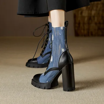 Phoentin Retro din denim piele patchwork moda Glezna cizme pentru Femei rotund Deget de la picior scurt de Boot indesata Toc Înalt pantofi platforma FT3081 - Imagine 2  