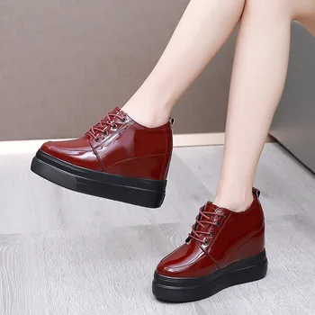 Piele lăcuită Negru Pantofi Wedge Platforma Pantofi Pentru Femei de Primăvară Și de Toamnă Dantela Sus Pantofi pentru Femei Roșii - Imagine 1  