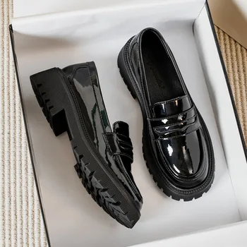 Piele naturala Platforma Indesata Apartamente Pantofi pentru Femei Negru Lucios Penny Pantofi Femei Casual Mocasini Plus Dimensiune 43 Zapatos Mujer - Imagine 1  