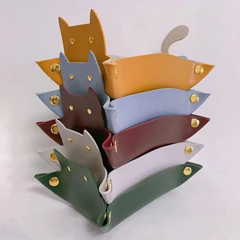 Pisica drăguț Forma de Depozitare din Piele Tava Zaruri Cutie Monede Desktop Caseta de Bijuterii Machiaj-Cheie Tava DIY de uz Casnic Pliere Tava de Stocare de Caz - Imagine 2  