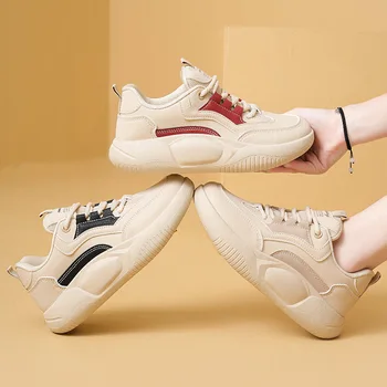 Platforma Casual Pantofi Femei Toamna Culori Amestecate Dantelă Sus Fund Gros Adidași Stil Coreean Formatori Zapatillas De Mujer - Imagine 1  