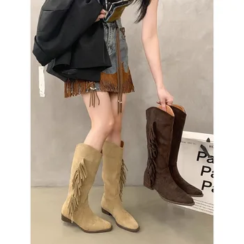 Plus Dimensiune 35-42 Femei Cizme Lungi Solid Ciucuri Chelsea Cizme de 3,5 cm Tocuri inalte Femei Pantofi Casual Cowboy Boot de sex Feminin Cizme Cavaler - Imagine 2  