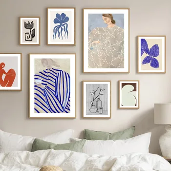 Rezumat Wall Art Print Cu Dungi Sleepwear Fată Floare De Cafea Frunze De Meduze Panza Pictura Nordică Postere Living Decorul Camerei - Imagine 1  