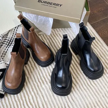 Rock Pantofi Pentru Femeie Cizme-Femei Toc Plat Chelsea Rotund Toe De Lux De Designer 2023 Toc De Cauciuc Glezna Doamnelor Moda - Imagine 1  