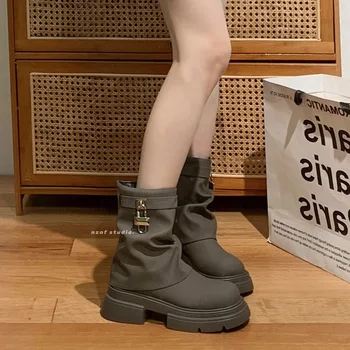Rock Pantofi Pentru Femeie Cizme, Saboti Platforma Cizme-Femei Rotund Toe Med Lolita Jumătatea Vițel Toamna Doamnelor 2023 Cauciuc Jumătatea Vițel La Mijlocul Lunii Vițel Sli - Imagine 2  