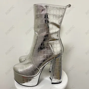 Rontic Femei de Iarnă Platforma Glezna Cizme de Piatră Model Unisex cu Fermoar Lateral Toc Indesata Argint Aur Negru de Partid Pantofi NOI Marimea 5-13 - Imagine 2  