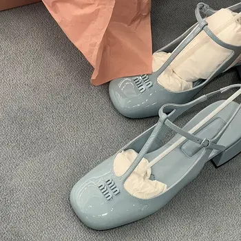 Sandale albastre pentru Femei de Vară 2023 Pantofi pentru Femei cu Mediu Tocuri Roz Încălțăminte din Piele Square Confort Tendință Vip Vânzare Casual F - Imagine 2  