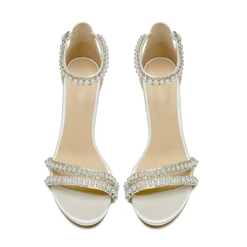 Satin Pearl cu Toc Sandale Pantofi de Nunta pentru Mireasa Deget de la picior Deschis Balul Seara, Petrecerea de nunta Tocuri Curea Glezna Femei Sandale cu Toc - Imagine 2  