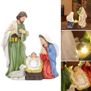 Sfânta Familie Figurina Sfânta Familie Statuie Rășină Figurine ornamentale Cu LED-uri Lumini de Scena Nașterii Set pentru Decor de Masă - Imagine 1  