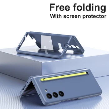 Shell simplu de Film Integrat Caz de Telefon Pentru Samsung Galaxy Z Fold 5 4 Pliere All-inclusive de Protecție Acoperă Cu Condensator Pen - Imagine 2  