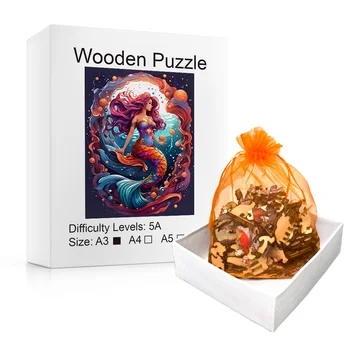 Sirena puzzle din lemn cu forme speciale, adult detensionare circulară magic, unic neregulate animal puzzle din lemn - Imagine 2  
