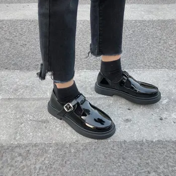 Solid Negru Apartamente Slip-on Pantofi Retro Toamna Oxfords Pantofi Femei din Piele Fund Gros Platforma de Metal Cataramă Pantofi Casual Femei - Imagine 1  