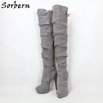Sorbern Gri deschis de la Mijlocul Coapsei Cizme Femei 16Cm pantofi cu Toc Înalt Platforma Custom Pliuri Picioare Lungime Ax Largi se Potrivesc - Imagine 2  