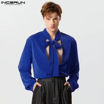 Stil American New Bărbați Panglică Adânc V Design de Tricouri Casual Moda de sex Masculin Tesatura Stralucitoare Bluză cu Mâneci Lungi S-5XL INCERUN Topuri 2023 - Imagine 1  