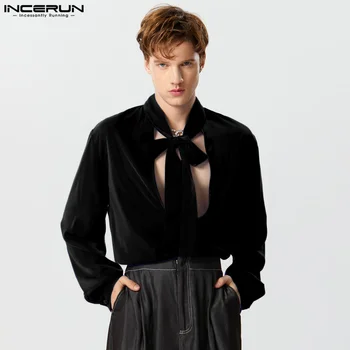 Stil American New Bărbați Panglică Adânc V Design de Tricouri Casual Moda de sex Masculin Tesatura Stralucitoare Bluză cu Mâneci Lungi S-5XL INCERUN Topuri 2023 - Imagine 2  