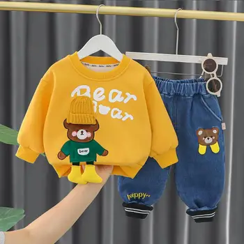 Stil coreean Baieti Gros Haine Toamna Iarna Ursul Desene animate Pulover de Pluș cu Tricou și Blugi Cald Îmbrăcăminte de tip Boutique, Costum de Fete - Imagine 1  