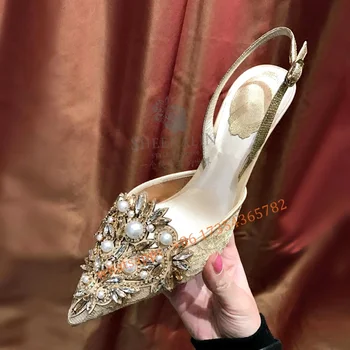 Stras Paiete Stilet Tocuri Ascuțite Toe Superficial Pompe de Primăvară Nouă Cristal Dantelă Curea Cataramă Femei Tag-Pantofi Elegante - Imagine 2  