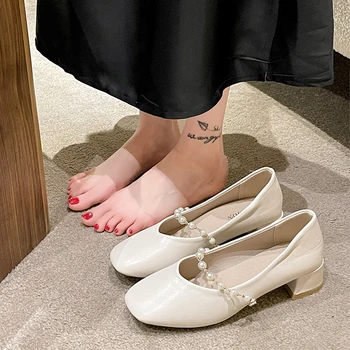Superficial Gura Casual Femei Pantofi Perla Decorateion Deget De La Picior Pătrat De Sex Feminin Încălțăminte Oxfords Nou Confortabil Retro Ștrasuri Din Mărgele Mocasin Dres - Imagine 2  