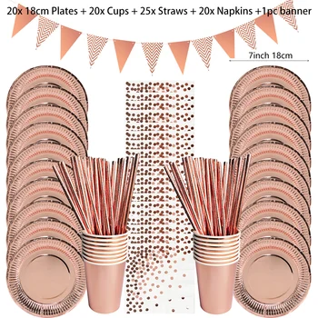Tacamuri de unica folosinta din aur roz decor de petrecere masă pahare de hârtie plăci de paie vase de provizii pentru ziua de nastere si de nunta - Imagine 1  