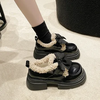 Talpă groasă cozonac Papion Stil de Colegiu Mici Pantofi din Piele pentru Femei 2023 Primăvara și Toamna Retro Lefu Pantofi - Imagine 2  