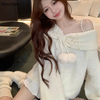 Toamna Iarna Coreean Tricotate Femei De Pe Umăr Perla Mâneci Lungi Dulce Pulovere De Moda De Sex Feminin Stil Leneș Tricotaje - Imagine 2  