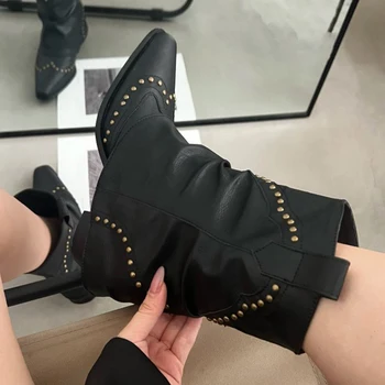 Toc Scăzut Doamnelor Cizme Glezna Pantofi Subliniat Toe Slip Pe Moda Nit De Vest Chelsea Cizme Scurte Pantofi Pentru Femeie Încălțăminte - Imagine 1  