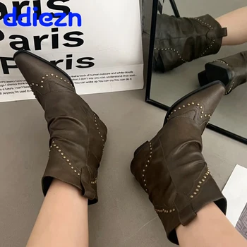 Toc Scăzut Doamnelor Cizme Glezna Pantofi Subliniat Toe Slip Pe Moda Nit De Vest Chelsea Cizme Scurte Pantofi Pentru Femeie Încălțăminte - Imagine 2  