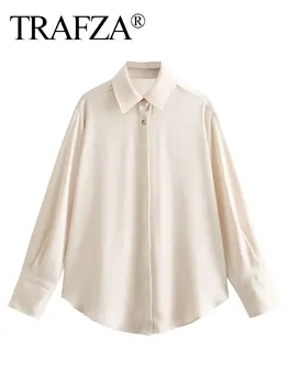 TRAFZA 2023 Feminin Moda Bluze de Mătase, Satin Solid Rever Mâneci Lungi Tricou Vrac Femeie Butoane Versatil Toamna Femei Tricouri - Imagine 1  
