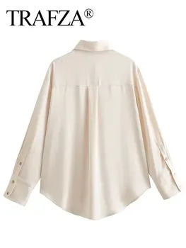 TRAFZA 2023 Feminin Moda Bluze de Mătase, Satin Solid Rever Mâneci Lungi Tricou Vrac Femeie Butoane Versatil Toamna Femei Tricouri - Imagine 2  