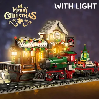 Tren De Crăciun Platforma Cu Lumina Street View Blocuri Caramizi Casa De Iarna Gara Model De Asamblare Jucărie Copil Cadouri - Imagine 1  