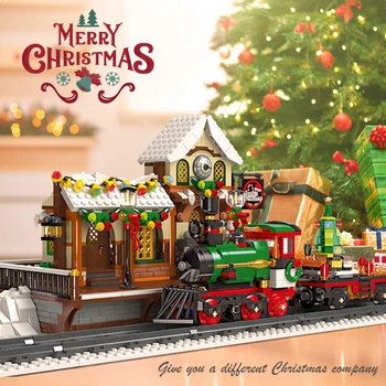 Tren De Crăciun Platforma Cu Lumina Street View Blocuri Caramizi Casa De Iarna Gara Model De Asamblare Jucărie Copil Cadouri - Imagine 2  