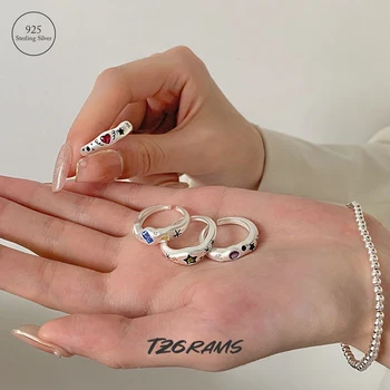 TZgrams Y2k Pecete Inele Pentru Femei Argint 925 Inima Star Zircon De Culoare Mată Deget Inelul Coreeană Bijuterii Trendy - Imagine 1  