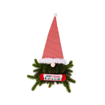 Ușa Agățat De Ace De Pin, Barbă Fără Chip Bătrân Cu Dungi Santa Pălărie Gnome Elf Coroană De Flori - Imagine 1  