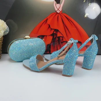 Vara Albastru de Cristal Mireasa Nunta pantofi și genți de mână de Moda pentru Femei Toc Gros Petrecere de Seara, Sandale si geanta de sex Feminin Curea Glezna - Imagine 1  