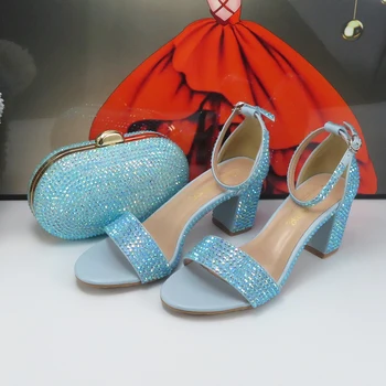 Vara Albastru de Cristal Mireasa Nunta pantofi și genți de mână de Moda pentru Femei Toc Gros Petrecere de Seara, Sandale si geanta de sex Feminin Curea Glezna - Imagine 2  