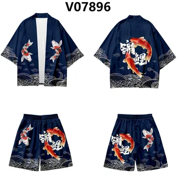 Vara Cardigan Cosplay Yukata Harajuku Albastru Haori Din Asia De Îmbrăcăminte De Epocă Crap Kimono Pantaloni Scurți Seturi Stil Chinezesc Costum Din Două Piese - Imagine 1  