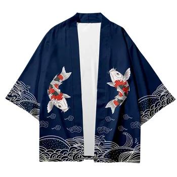 Vara Cardigan Cosplay Yukata Harajuku Albastru Haori Din Asia De Îmbrăcăminte De Epocă Crap Kimono Pantaloni Scurți Seturi Stil Chinezesc Costum Din Două Piese - Imagine 2  