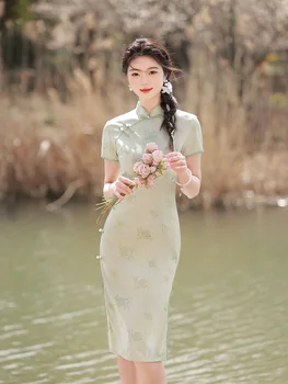 Vara Retro Tradiționale Mandarin Guler Șifon Cheongsam Femeile din China, Maneci Scurte Qipao Rochie de Seara - Imagine 1  