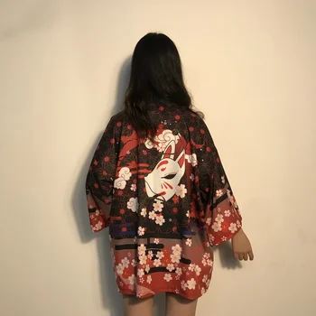 Vestimentația Tradițională Japoneză Fox Print Kimono Pantaloni Bărbați Femei Retro Yukata Moda Din Asia Tang Costum Harajuku Hanfu Yukata Sacou - Imagine 2  
