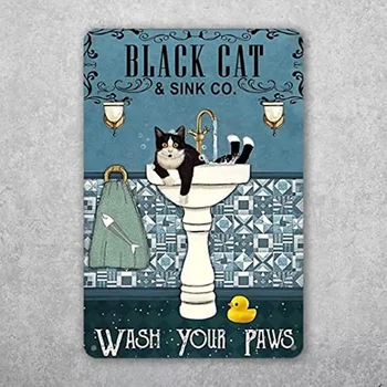 Vintage Decor Baie Retro De Metal De Staniu Semn Pisica Neagra Spălați-Vă Labele Amuzant Metal Poster De Perete Baie Decor Semn Postere - Imagine 2  
